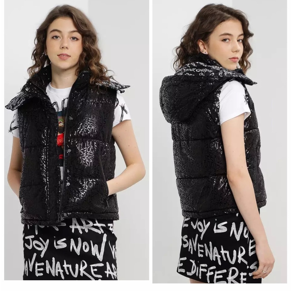 NWT Desigual Black Patterned Puffer Hoodie Vest size XL